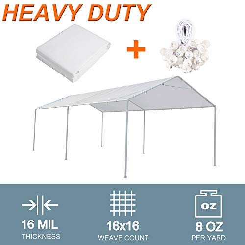 Thanaddo 10 x 20 Ft Carport Replacement Canopy Cover Garage Top Tent Shelter Tarp with Free 48 Ball Bungee Cords,White(Only Cover, Frame Not Include) (10x20 Ft, White)