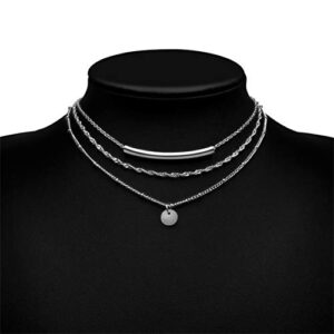 Aisansty Layered Coin Tube Pendant Choker Necklace for Women Girls Dainty Bar Silver Plated Layering Chain Neckalces Set