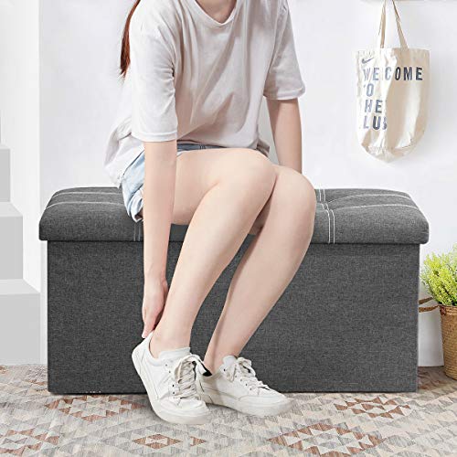 Youdesure Folding Storage Ottoman Bench for Living Room, 30 inch Storage Bench with Padded Seat for Bedroom Hallway, Holds up to 350lbs, Linen Fabric Grey