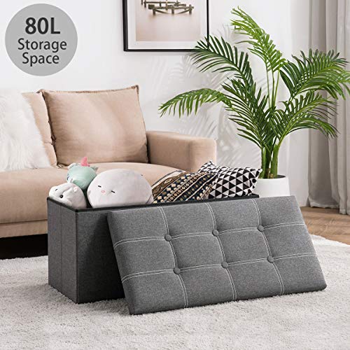 Youdesure Folding Storage Ottoman Bench for Living Room, 30 inch Storage Bench with Padded Seat for Bedroom Hallway, Holds up to 350lbs, Linen Fabric Grey