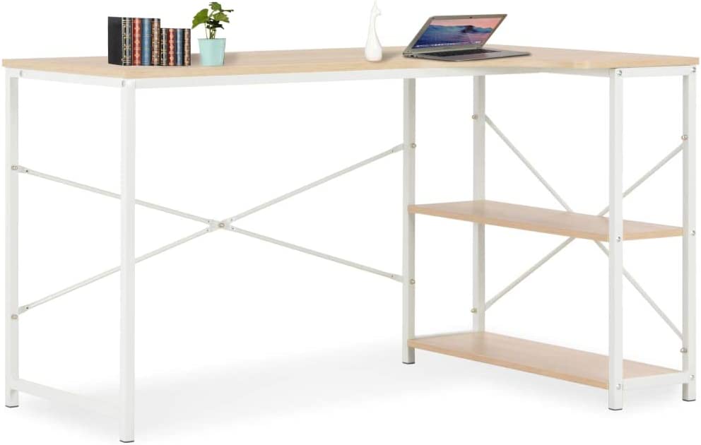 vidaXL Computer Desk Industrial Home Office Workstation PC Study Writing Working Table Corner Desk Furniture White and Oak 47.2"x28.3"x27.6"