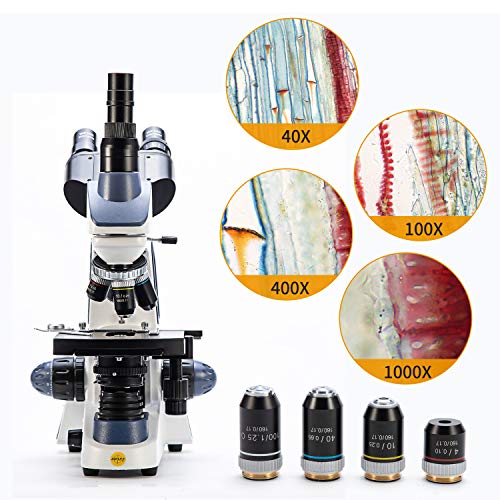 Swift Compound Trinocular Microscope SW380T,40X-2500X Magnification,Siedentopf Head,Two-Layer Mechanical Stage,with 5.0 mp Camera and Software Windows/Mac Compatible and 100 PCS Blank Slides