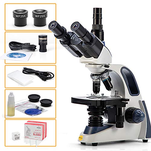 Swift Compound Trinocular Microscope SW380T,40X-2500X Magnification,Siedentopf Head,Two-Layer Mechanical Stage,with 5.0 mp Camera and Software Windows/Mac Compatible and 100 PCS Blank Slides