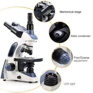 Swift Compound Trinocular Microscope SW380T,40X-2500X Magnification,Siedentopf Head,Two-Layer Mechanical Stage,with 5.0 mp Camera and Software Windows/Mac Compatible and 100 PCS Blank Slides