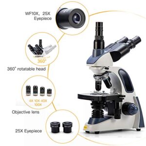 Swift Compound Trinocular Microscope SW380T,40X-2500X Magnification,Siedentopf Head,Two-Layer Mechanical Stage,with 5.0 mp Camera and Software Windows/Mac Compatible and 100 PCS Blank Slides