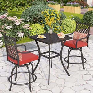 phi villa patio bar set, 3 pcs outdoor metal bar set with 2 swivel cushioned stools & 31" square patio bar table with umbrella hole, outdoor furniture set for patios backyard, porches or garden