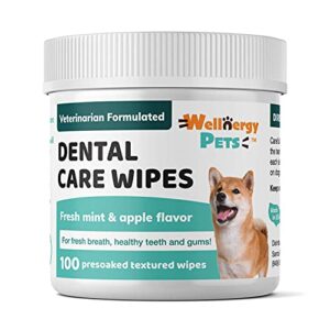 wellnergy pets dental wipes for dogs and cats - no brush formula; improve oral hygiene and health; freshen breath; fresh mint flavor. 100 wipes.