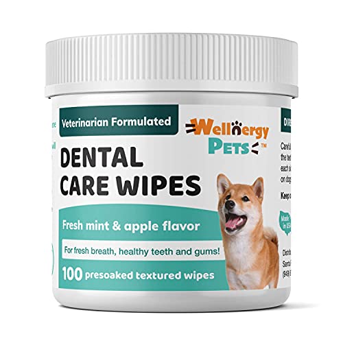 Wellnergy Pets Dental Wipes for Dogs and Cats - No Brush Formula; Improve Oral Hygiene and Health; Freshen Breath; Fresh Mint Flavor. 100 Wipes.