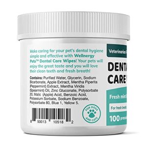 Wellnergy Pets Dental Wipes for Dogs and Cats - No Brush Formula; Improve Oral Hygiene and Health; Freshen Breath; Fresh Mint Flavor. 100 Wipes.