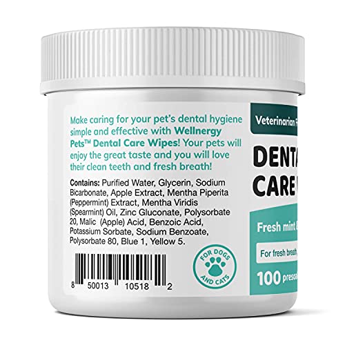 Wellnergy Pets Dental Wipes for Dogs and Cats - No Brush Formula; Improve Oral Hygiene and Health; Freshen Breath; Fresh Mint Flavor. 100 Wipes.