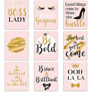 inspiration wall decor, 9 pieces bedroom decor for women, pink and gold makeup lash lips wall art poster, motivational quotes fashion prints for women bathroom home decor, 8 x 10 inch, unframed