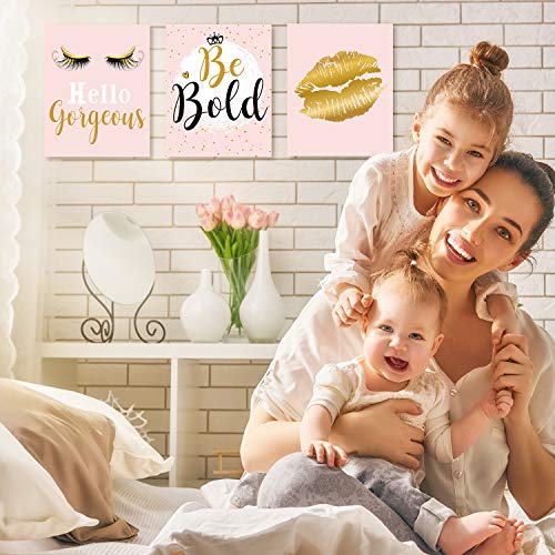 Inspiration Wall Decor, 9 Pieces Bedroom Decor for Women, Pink and Gold Makeup Lash Lips Wall Art Poster, Motivational Quotes Fashion Prints for Women Bathroom Home Decor, 8 x 10 Inch, Unframed