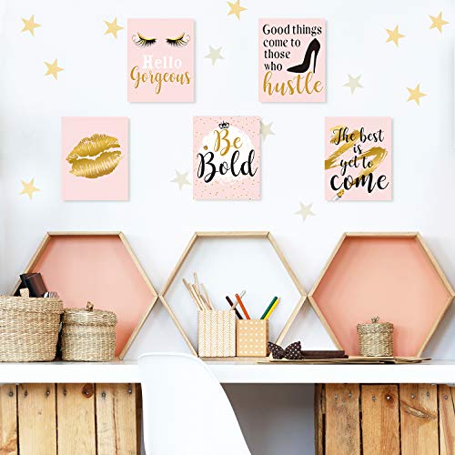 Inspiration Wall Decor, 9 Pieces Bedroom Decor for Women, Pink and Gold Makeup Lash Lips Wall Art Poster, Motivational Quotes Fashion Prints for Women Bathroom Home Decor, 8 x 10 Inch, Unframed
