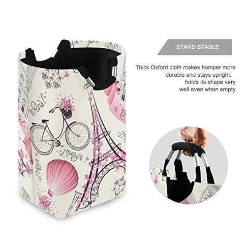 AUUXVA Laundry Basket Eiffel Tower Paris France Flower Laundry Hamper Collapsible Oxford Dirty Clothes Bag Kids Toy Storage Organizer with Handles for Home College Dorm Bathroom