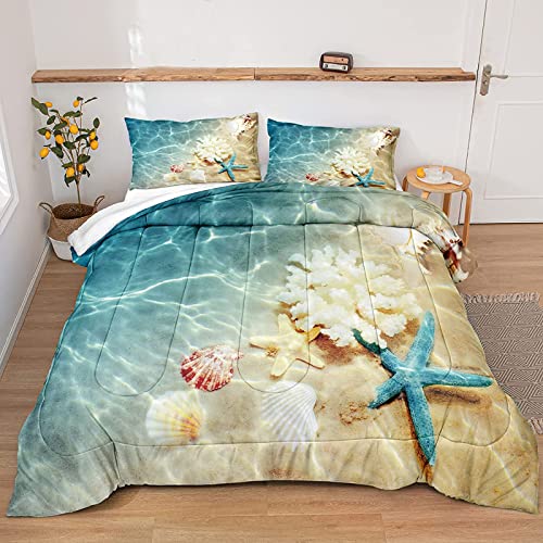 Bedbay Coastal Bedding Set Queen Size Comforter Set Sea Shell Starfish Ocean Decor Teal Comforter Set Queen 3 Piece Beach Theme Bedding Comforter (Coastal, Queen)