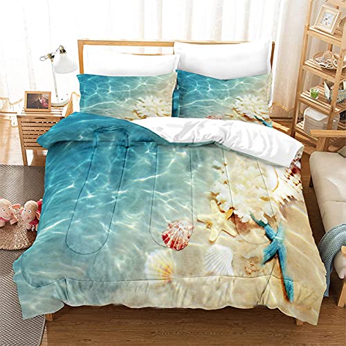 Bedbay Coastal Bedding Set Queen Size Comforter Set Sea Shell Starfish Ocean Decor Teal Comforter Set Queen 3 Piece Beach Theme Bedding Comforter (Coastal, Queen)