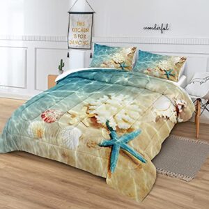 Bedbay Coastal Bedding Set Queen Size Comforter Set Sea Shell Starfish Ocean Decor Teal Comforter Set Queen 3 Piece Beach Theme Bedding Comforter (Coastal, Queen)