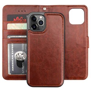 bocasal compatible with iphone 12 & iphone 12 pro wallet case with card holder pu leather magnetic detachable kickstand shockproof wrist strap removable flip cover 6.1 inch (brown)