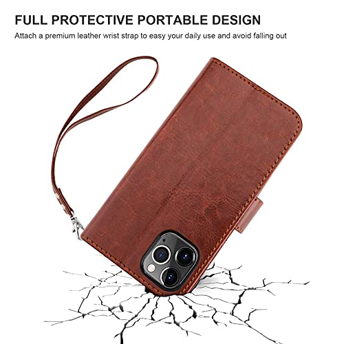 Bocasal Compatible with iPhone 12 & iPhone 12 Pro Wallet Case with Card Holder PU Leather Magnetic Detachable Kickstand Shockproof Wrist Strap Removable Flip Cover 6.1 inch (Brown)