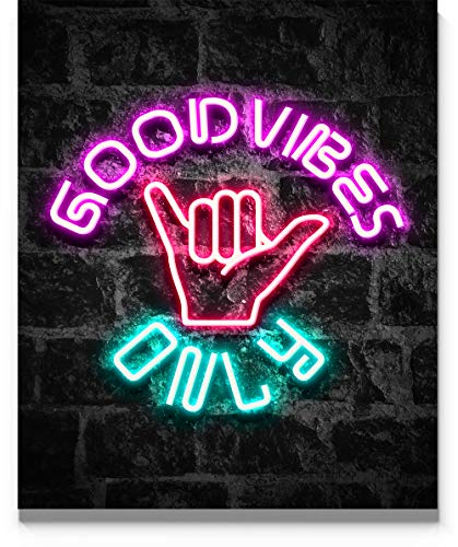 Good Vibes Only Wall Art 11x14 inch Unframed Art Print Poster With Bright Color Neon Style on Black Brick Backgound for Office, Classroom, Man Cave, Woman Cave or Home Decor