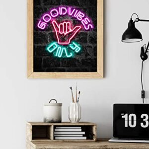 Good Vibes Only Wall Art 11x14 inch Unframed Art Print Poster With Bright Color Neon Style on Black Brick Backgound for Office, Classroom, Man Cave, Woman Cave or Home Decor