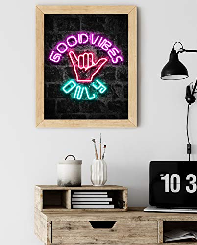 Good Vibes Only Wall Art 11x14 inch Unframed Art Print Poster With Bright Color Neon Style on Black Brick Backgound for Office, Classroom, Man Cave, Woman Cave or Home Decor