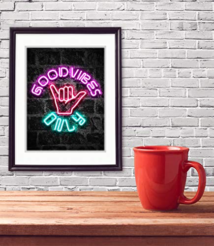 Good Vibes Only Wall Art 11x14 inch Unframed Art Print Poster With Bright Color Neon Style on Black Brick Backgound for Office, Classroom, Man Cave, Woman Cave or Home Decor