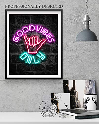 Good Vibes Only Wall Art 11x14 inch Unframed Art Print Poster With Bright Color Neon Style on Black Brick Backgound for Office, Classroom, Man Cave, Woman Cave or Home Decor