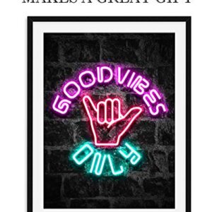 Good Vibes Only Wall Art 11x14 inch Unframed Art Print Poster With Bright Color Neon Style on Black Brick Backgound for Office, Classroom, Man Cave, Woman Cave or Home Decor