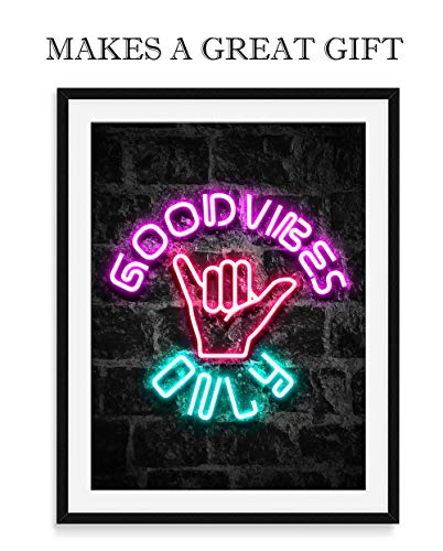 Good Vibes Only Wall Art 11x14 inch Unframed Art Print Poster With Bright Color Neon Style on Black Brick Backgound for Office, Classroom, Man Cave, Woman Cave or Home Decor