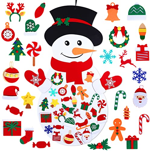 Garma DIY Felt Christmas Snowman for Kids Wall Decorations with 36PCS Wall Hanging Detachable Ornaments, Felt Christmas Crafts Kits Decorations for Toddlers Xmas Gift New Year Parties Supplies