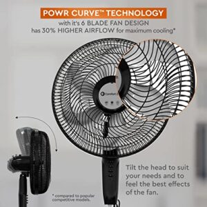 Comfort Zone PowrCurve CZST180BS 18" Stand Fan - 6 Blades, Tri-Curve Grill for Less Noise - 180° Adjustable Tilt, 3-Speed Button Control, Black/Silver