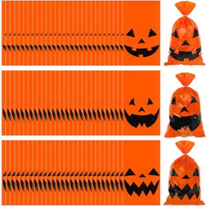 outus 150 pieces halloween trick or treat plastic candy bags jack-o-lantern pumpkin bags goody tote bag party favor bags with handles party favors(orange with black accents)