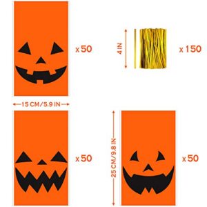 Outus 150 Pieces Halloween Trick or Treat Plastic Candy Bags Jack-O-Lantern Pumpkin Bags Goody Tote Bag Party Favor Bags with Handles Party Favors(Orange with Black Accents)