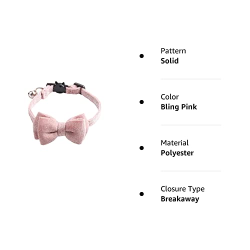 Cat Collar Breakaway with Bowtie Bell, Pink Bling Kitten Collar with Removable Cat Bow Tie Collar for Kitty Cat (7.4-10.8 inch)