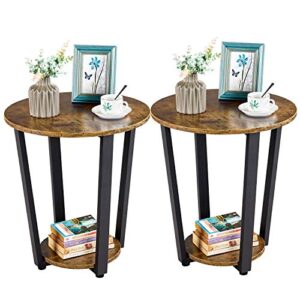 yaheetech industrial end table for living room set of 2, round side table with 2 tier storage shelf, sturdy couch tables accent tables coffee tray, space saving, easy to assemble, rustic brown