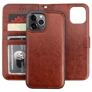 bocasal compatible with iphone 12 pro max wallet case with card holder pu leather magnetic detachable kickstand shockproof wrist strap removable flip cover 6.7 inch (brown)
