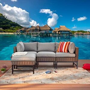 festival depot 4-piece patio conversation set sectional corner sofa combination outdoor all-weather wicker metal armless chairs for porch lawn garden balcony pool backyard, brown