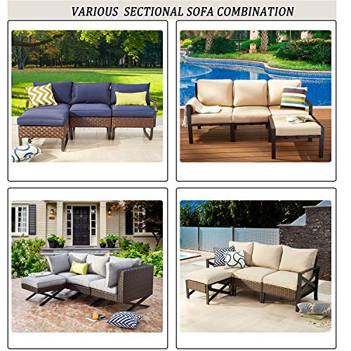 Festival Depot 4-Piece Patio Conversation Set Sectional Corner Sofa Combination Outdoor All-Weather Wicker Metal Armless Chairs for Porch Lawn Garden Balcony Pool Backyard, Brown