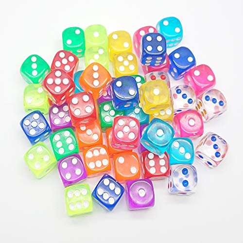 50 Pack 6 Sided Game Dice 16MM Acrylic Dice for Board Games and Teaching Math, 10 Colors