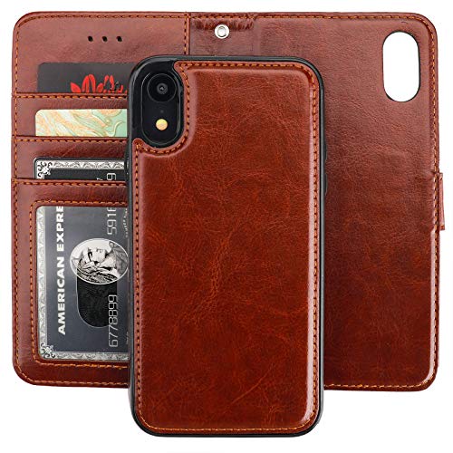 Bocasal iPhone Xr Wallet Case with Card Holder PU Leather Magnetic Detachable Kickstand Shockproof Wrist Strap Removable Flip Cover for iPhone Xr 6.1 inch (Brown)