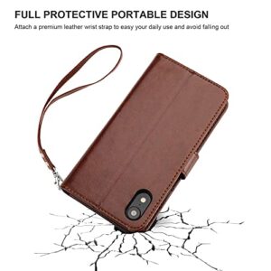 Bocasal iPhone Xr Wallet Case with Card Holder PU Leather Magnetic Detachable Kickstand Shockproof Wrist Strap Removable Flip Cover for iPhone Xr 6.1 inch (Brown)