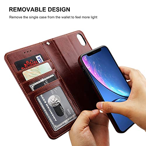 Bocasal iPhone Xr Wallet Case with Card Holder PU Leather Magnetic Detachable Kickstand Shockproof Wrist Strap Removable Flip Cover for iPhone Xr 6.1 inch (Brown)