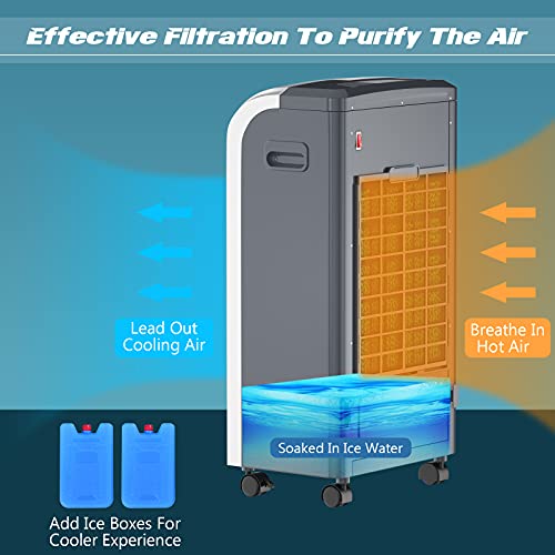 GOFLAME Air Cooler and Heater, Portable Evaporative Air Cooling Fan Filter Humidifier with Ice Crystal Box, Remote Control, Adjustable 3 Fan Speed, Compact Air Cooler for Indoor Home Office Dorms