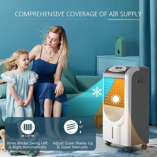 GOFLAME Air Cooler and Heater, Portable Evaporative Air Cooling Fan Filter Humidifier with Ice Crystal Box, Remote Control, Adjustable 3 Fan Speed, Compact Air Cooler for Indoor Home Office Dorms