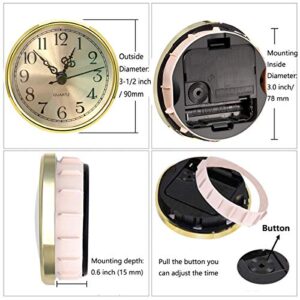 HILLHOME Mini Clock Insert 3-1/2 Inch (90 mm) Round Quartz Clock Fit-up Movement Miniature Clock Gold Dial Gold Tone Bezel Arabic Numerals, Fit 3.0 inch (78 mm) Diameter Hole (Gold)