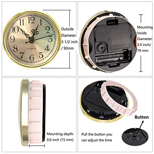 HILLHOME Mini Clock Insert 3-1/2 Inch (90 mm) Round Quartz Clock Fit-up Movement Miniature Clock Gold Dial Gold Tone Bezel Arabic Numerals, Fit 3.0 inch (78 mm) Diameter Hole (Gold)