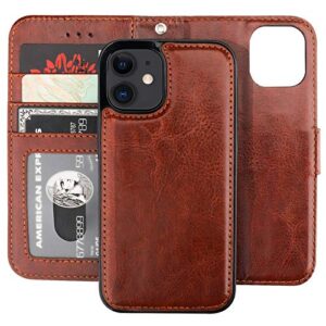 bocasal compatible with iphone 12 mini wallet case with card holder pu leather magnetic detachable kickstand shockproof wrist strap removable flip cover (brown)