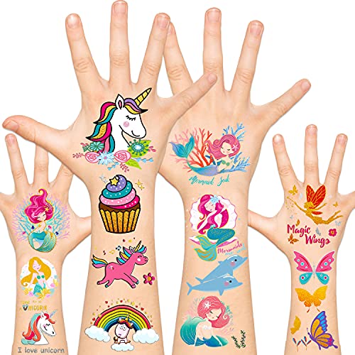 Leesgel 49 Styles Metallic Glitter Temporary Tattoos for Girls, Mermaid Unicorn, Butterfly Tattoos, Fake Temporary Tattoos for Kids Children Toddlers