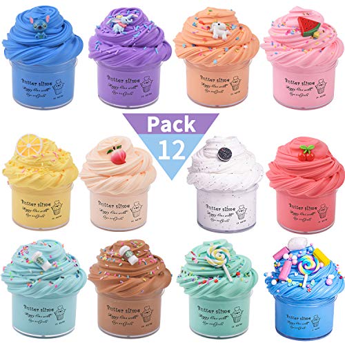 Keemanman 12 Pack Butter Slime Kit with Blue Stitch, Elephant, Unicorn, Watermelon, Lemon, Peach, O-REO, Cherry, Latte, Coffe and Candy Charms, Scented DIY Slime, Stress Relief Toy for Girls and Boys